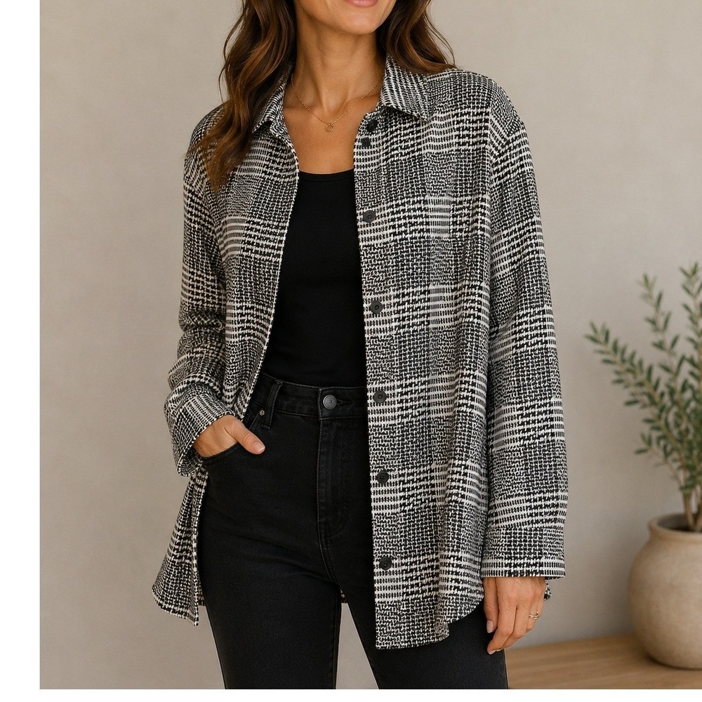 Lands End Womens Black White Houndstooth Plaid Button Down Shirt Plus 2X 20W-22W